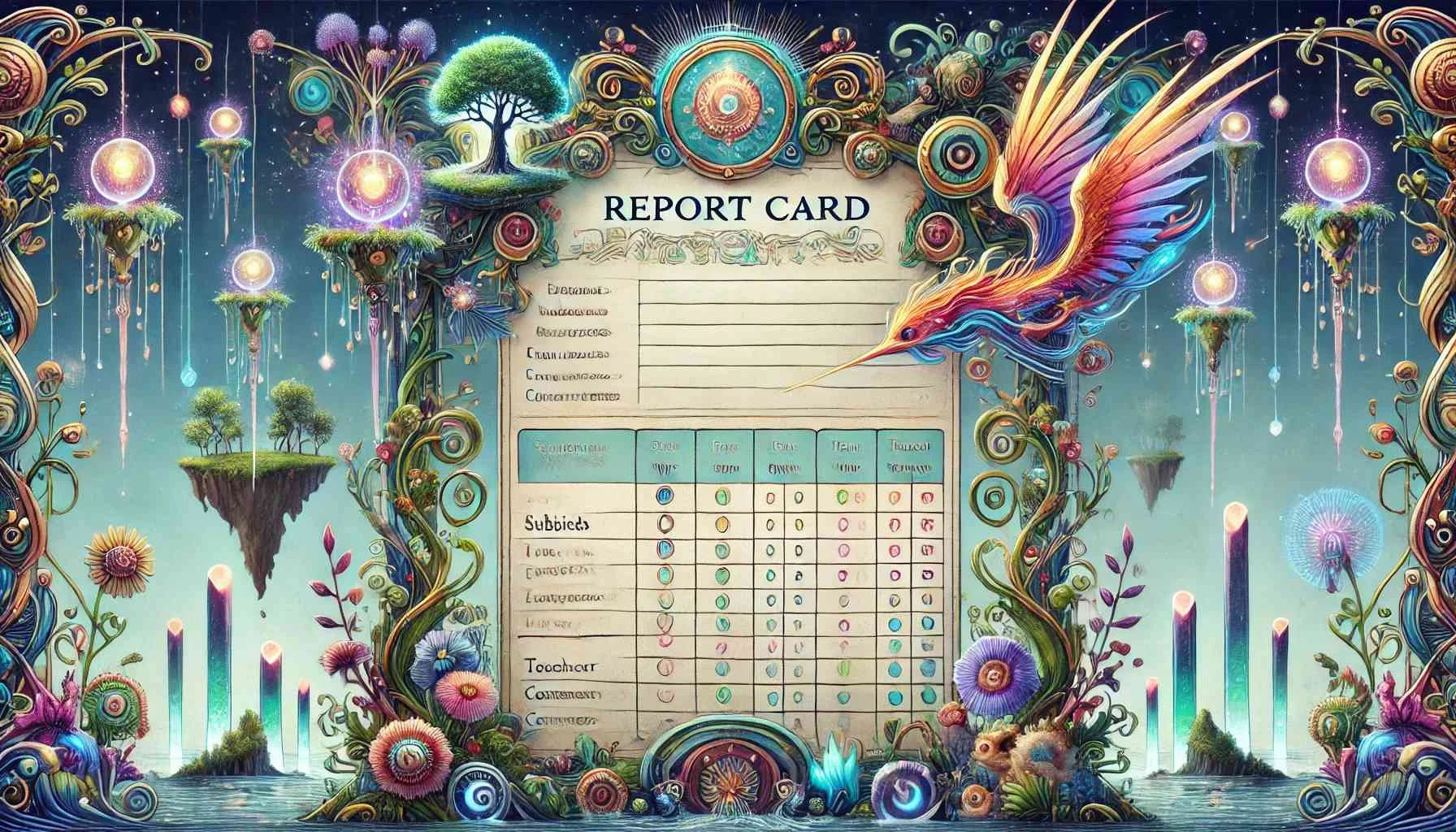 Ion Of A Report Card In The Same Imaginative And Fantasy Style As The Provided Image. The Report Card Should Feature 20240719